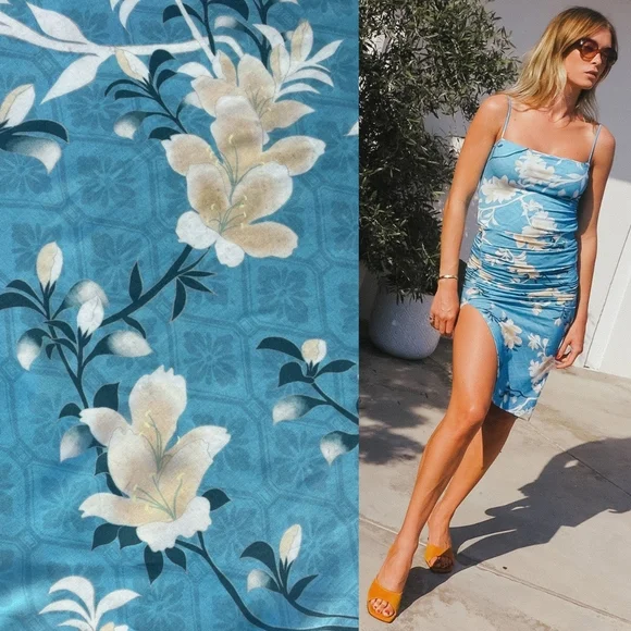 Novella Royale Evie skirt aqua lilies S blue floral bodycon pencil shirred - Picture 5 of 16